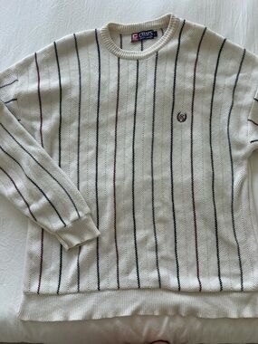 Chaps Ralph Lauren Cream Crewneck Sweater with Black,green and red Stripes